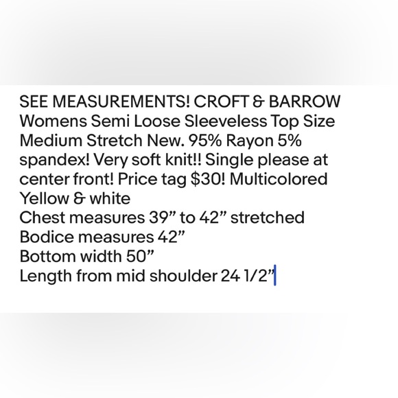 Womens CROFT & BARROW Semi Loose Sleeveless Top Size Medium Stretch New - Picture 9 of 9